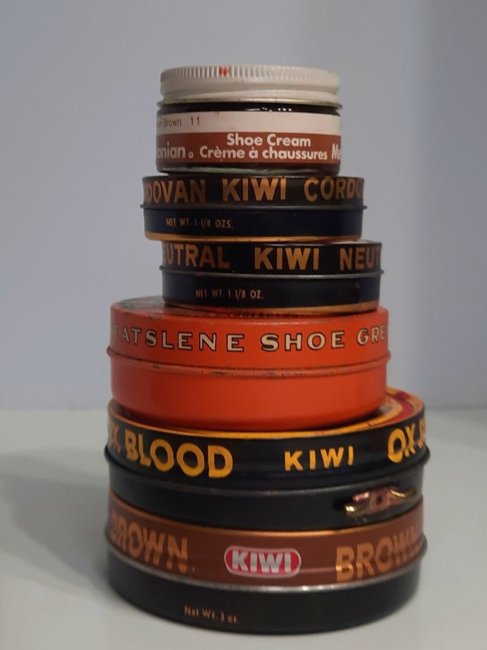 Vintage KIWI Shoe Polish Tin Lot Neatslene Meltonian Used Prop Decor Mix
